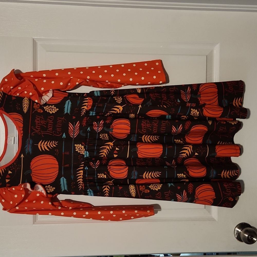Penelope Plumm Fall Print Dress with Polka Dot Sleeves